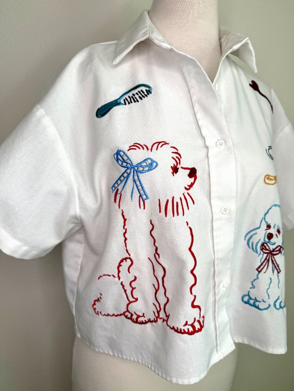 Cider Button Up Top Dog Embroidered Linen Blend Short Sleeve Blouse Sz M - Picture 4 of 7
